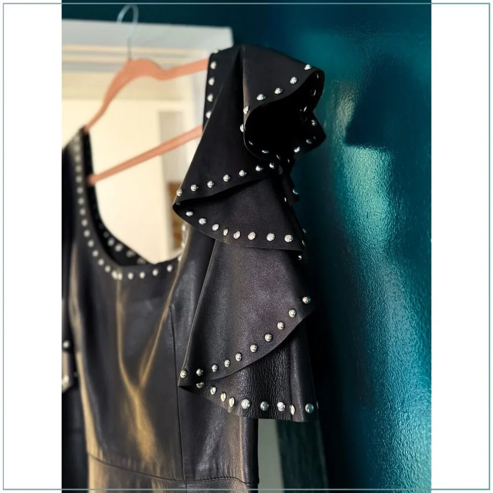 $8990 Alexander McQueen Studded Trim Lamb Leather Ruffle Runway Midi Dress - Picture 3 of 11